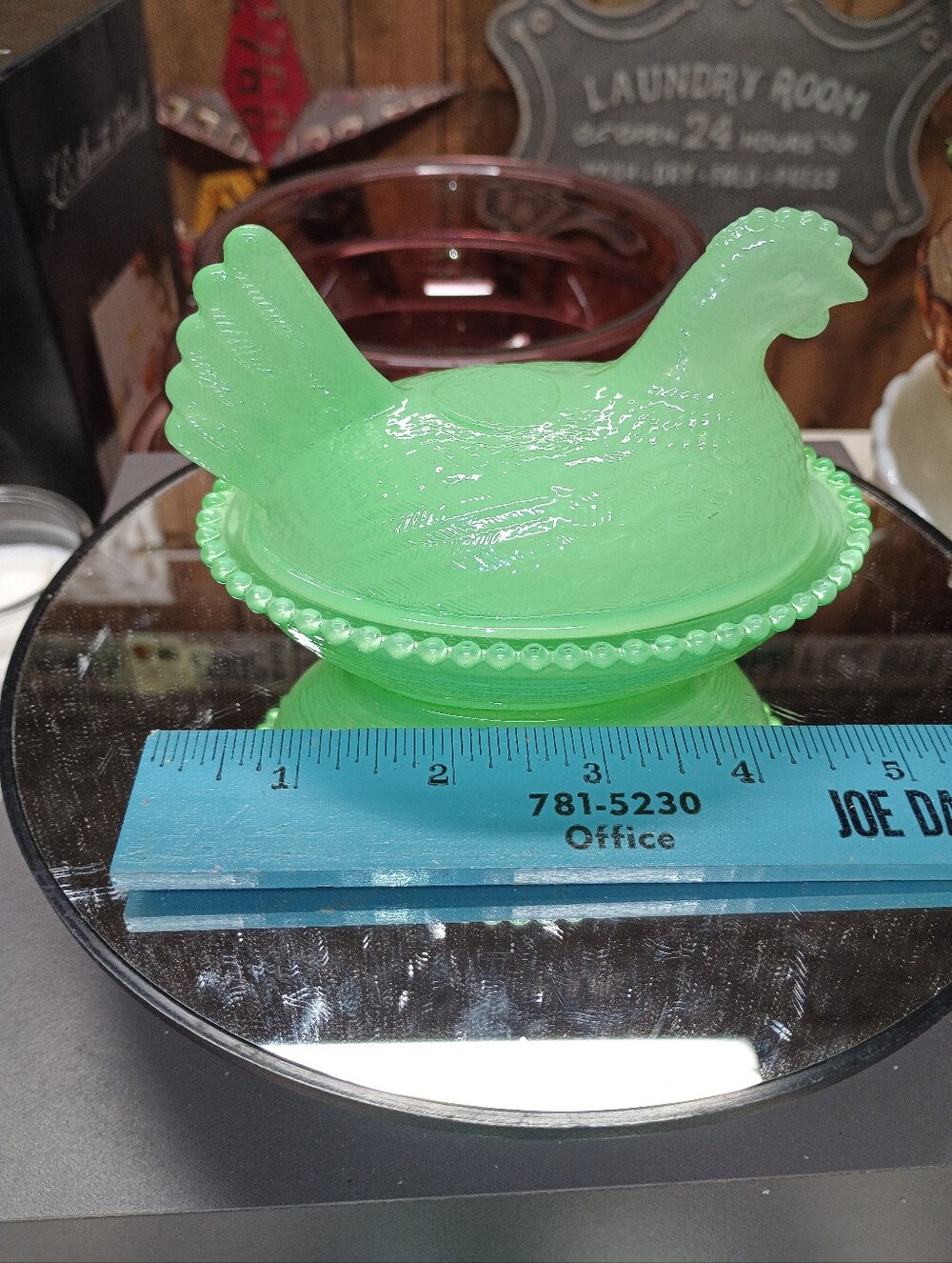 Small Jadeite Green Colored Glass Hen on Nest With A Gloss Finish
